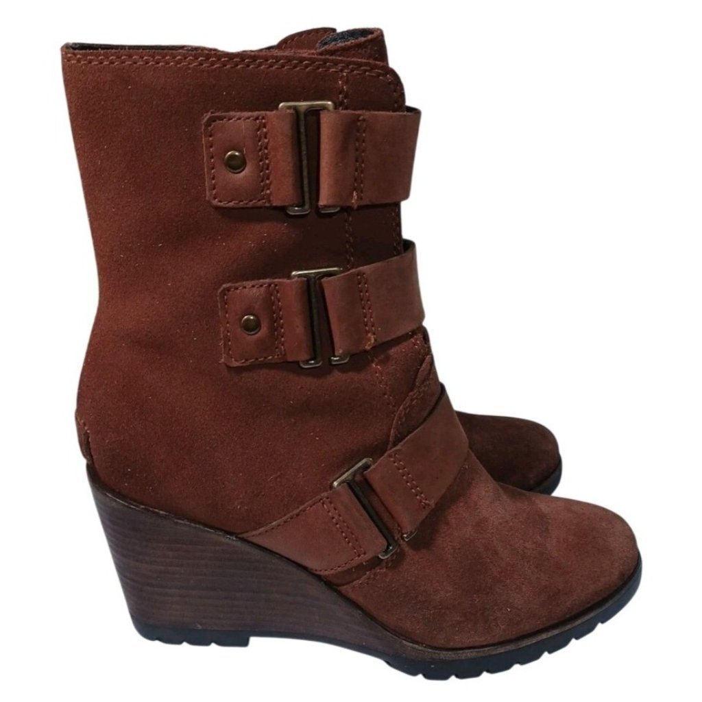 Sorel After Hours Wedge Bootie Buckle Brown Suede Leather Ankle Boot Moto Size 7
